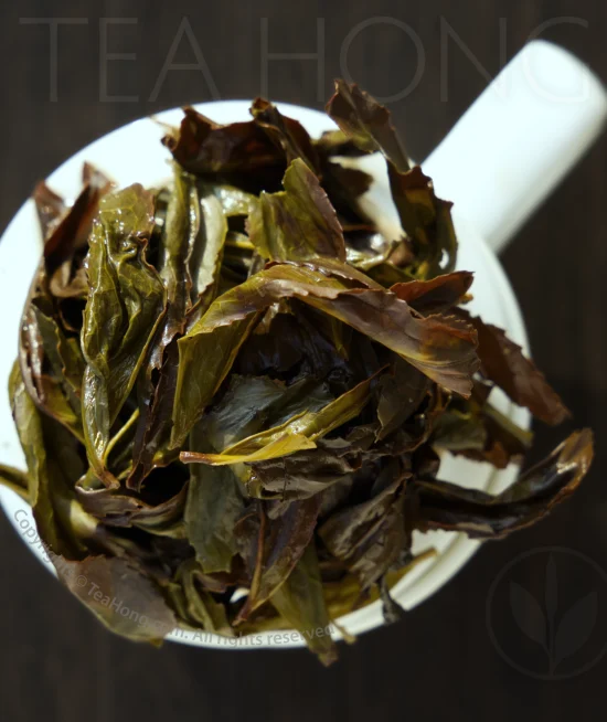 cassia extraordinaire infused leaves re Infused leaves of Cassia Extraordinaire with a range of various tones of reds, showing the different degrees of oxidation a leaf received during processing.