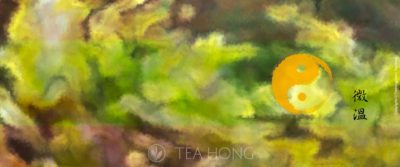 Orange Taichi sign in an abstract background of greens mutating to reds and browns