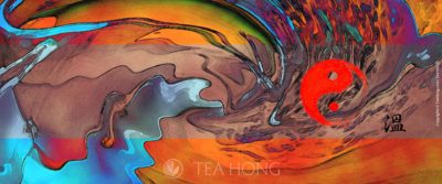 Red Taichi sign in an abstract background of warm colours accented with greens and blues