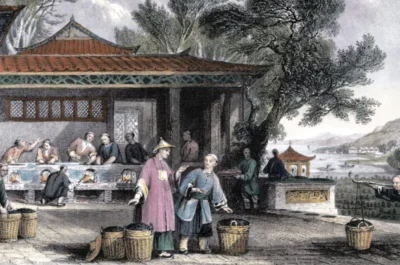 Painting of an Imperial Chinese officer negotiating with a farmer over some bushels of tea