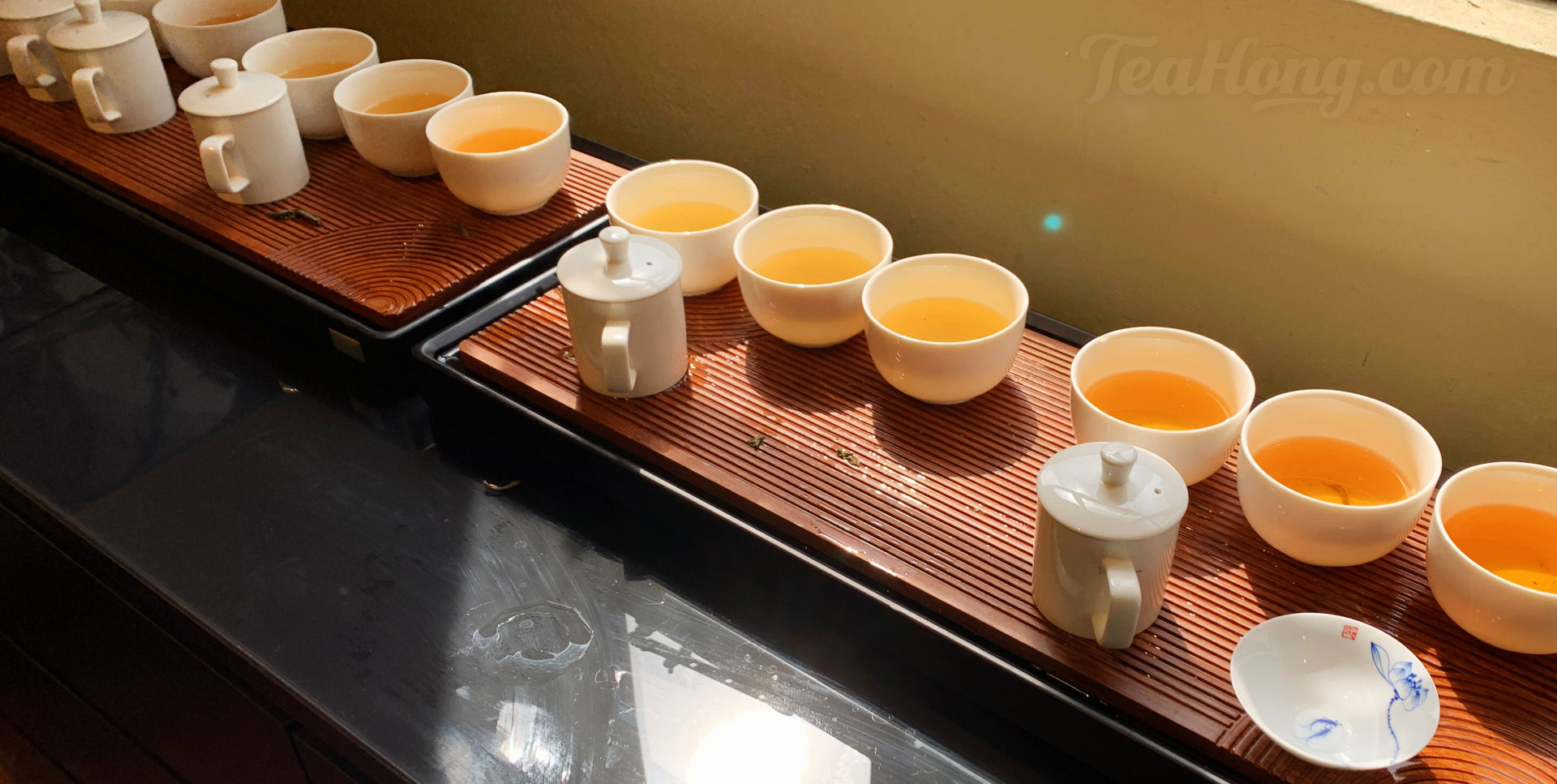 Each taster mug is coupled with three cups of infusion at different infusion parameters