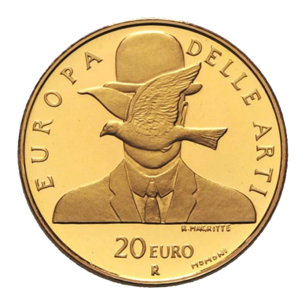 20 EU coin with pigeon on a man's face
