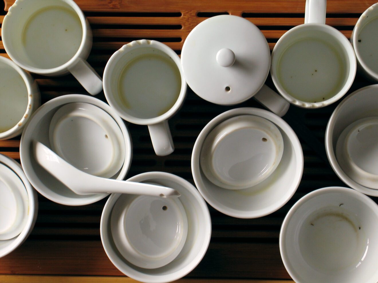 table full of taster mugs after use