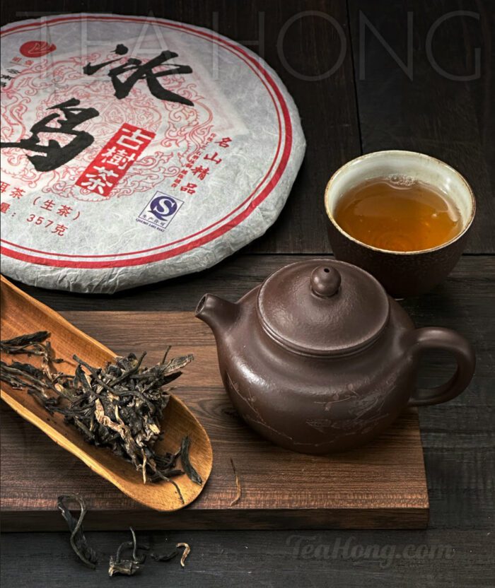 Bing Dao 2014, matured Pu'er shengcha: a loosened chip and infusion colour