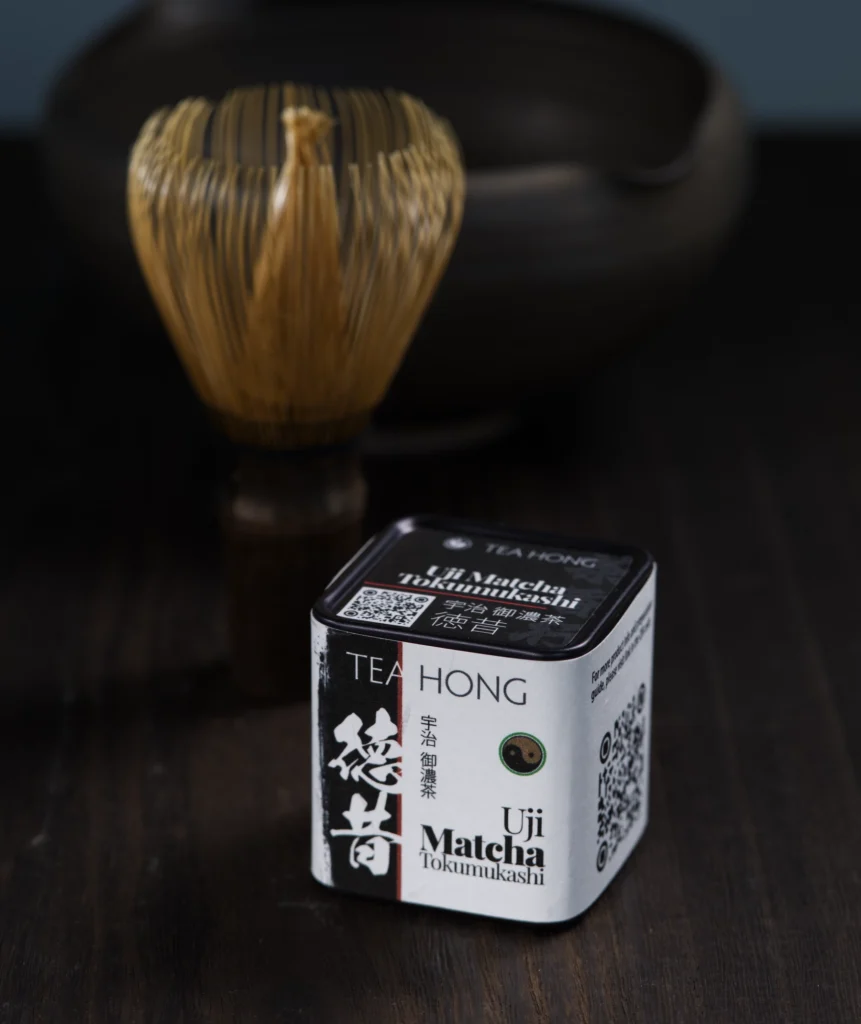 Tea Hong's Uji Matcha Tokumukashi packed in a double-lidded tea tin with an external label wrapper