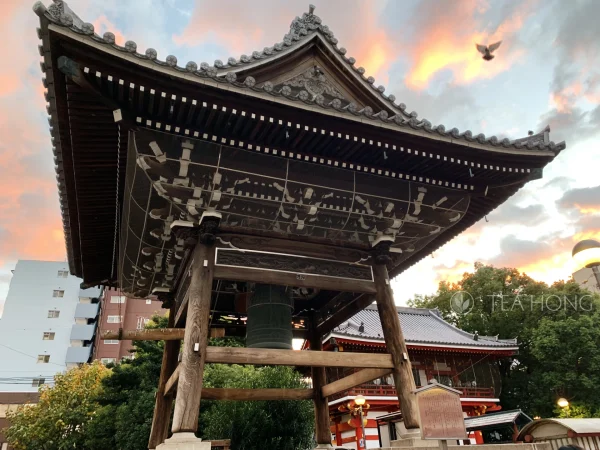 Bird flying onto the traditional Japanese roof of a bell tower