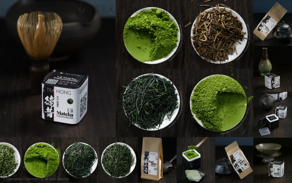 A collage of images of our Japanese tea, showing the different tealeaves and packages