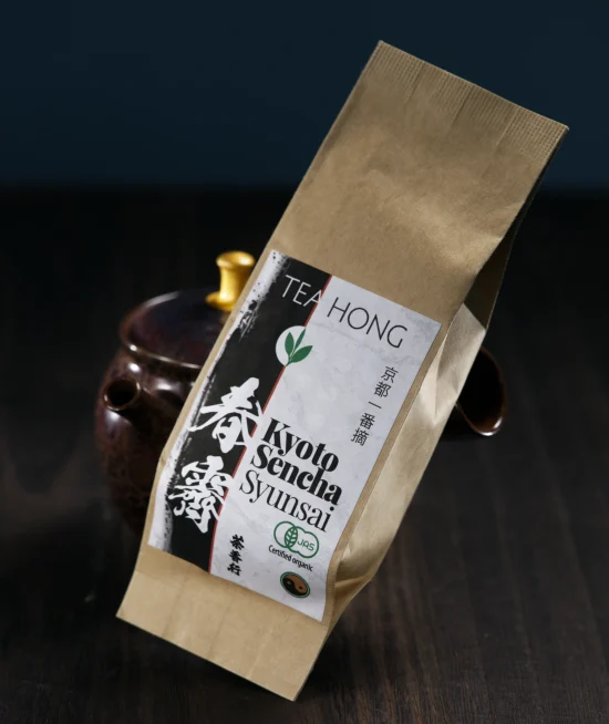 Kyoto sencha pack re Tea Hong's Kyoto Sencha Syunsai in its packaged form in a thick kraft-aluminium laminate bag with the product label