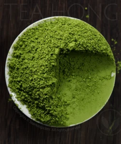 A dishful of Tea Hong's Uji Organic Matcha Sasameyuki with a corner scooped out to show the smoothness of the grinding and the true colour of the tea