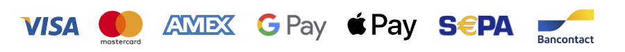 Payment logos: credit cards including VISA, Master Card, AmEx, and other payment method logos: Google Pay, Apple Pay, SEPA and Bancontact