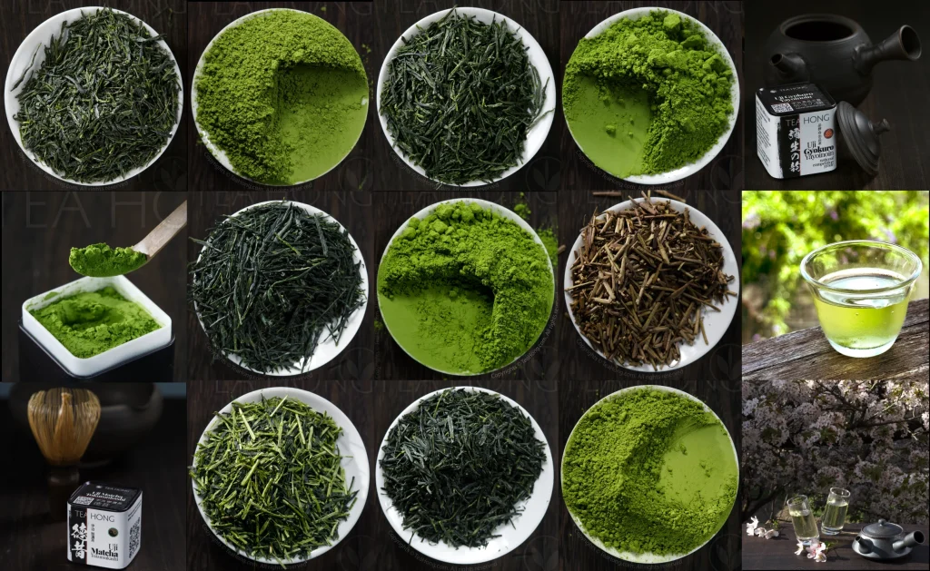 A collage of various varieties of Japanese tea in different forms and different shades of greens
