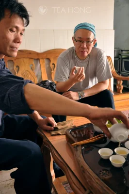 A tea farmer pouring tea into small gongs teacups from the gaiwan for tea tasting. 