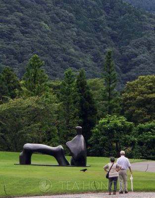 an old couple contemplating a reclining figure bronze piece by Henri Moore over a lushly green lawn