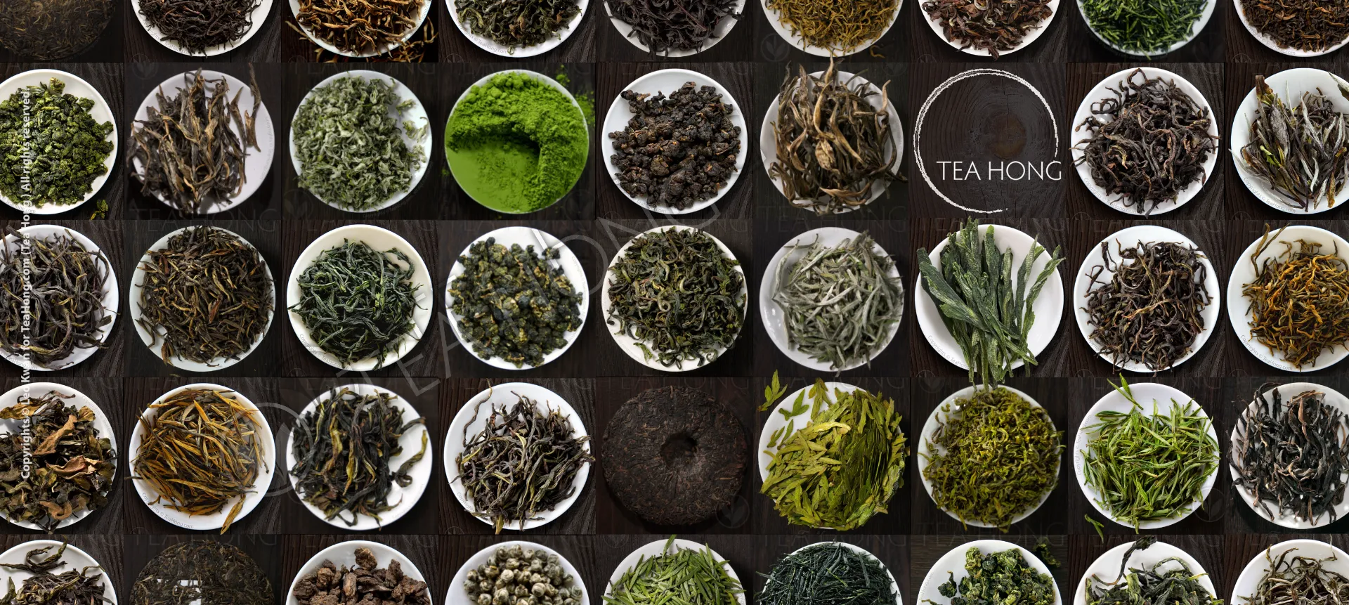 Different varieties of tealeaves each photographed on a same size small white dish, arranged uniformly in columns and rows