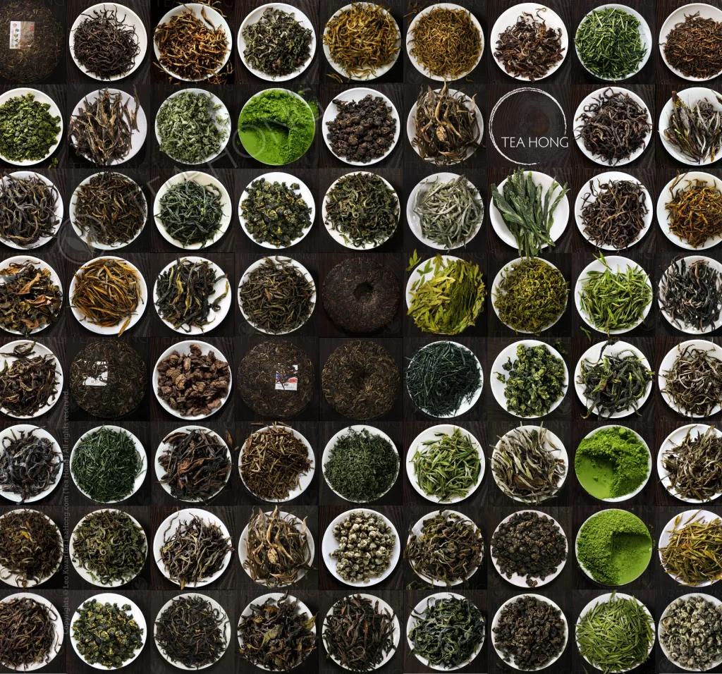 Rolls of tealeaves in different colours, shapes and sizes, each contained in a round white dish of the same size. 9 rolls and 9 columns of it, so 81 varieties of tea
