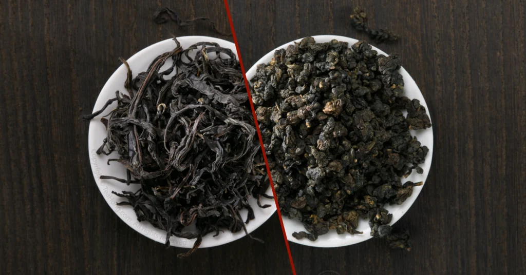Two dishes of tealeaves of entirely different shapes, yet similarly dark in colour