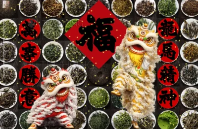 Two cute Cantonese style lion dance lions, one red, one yellow, in front of a traditional style rural home with the door wide open, showing a large varieties of tea in rows and columns in same size white dishes. A Lunar New Year well wishing couplet on each side of the door and a big 45° tilted square one in the middle of the door way with the large character 福, meaning blessings, in the centre.
