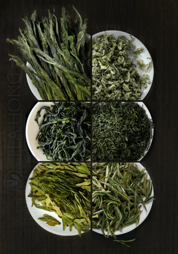 Six distinctly different green tea arranged in a grid