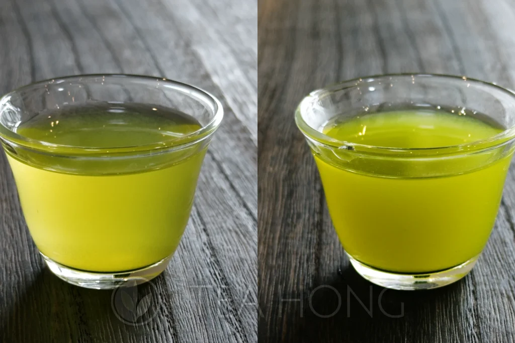 Juxtaposition of two photos each of a glass of Deep Steamed Yabukita at different density.
