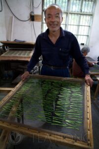 Old Master Wang holding a mesh with freshly pressed tealeaves before sliding into the charcoal oven An old man holding a square mesh screen with rows and columns of tealeaves flattened on it