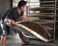 Laying rolled tealeaves in layers of bamboo basket for further oxidation