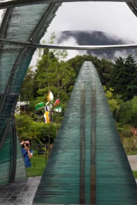 A conceptual installation made with layered glass, with a dome structure over a 2m tall pyramid