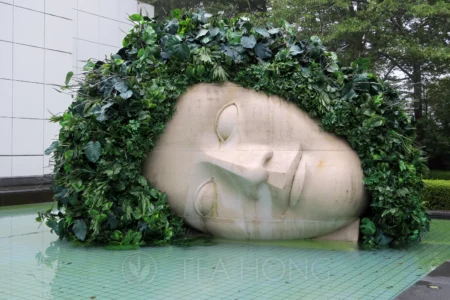 A huge white marble sculpture of a woman's head reclining over the surface of a pool, her thick hair is made up of a huge varieties of live green leaf vines